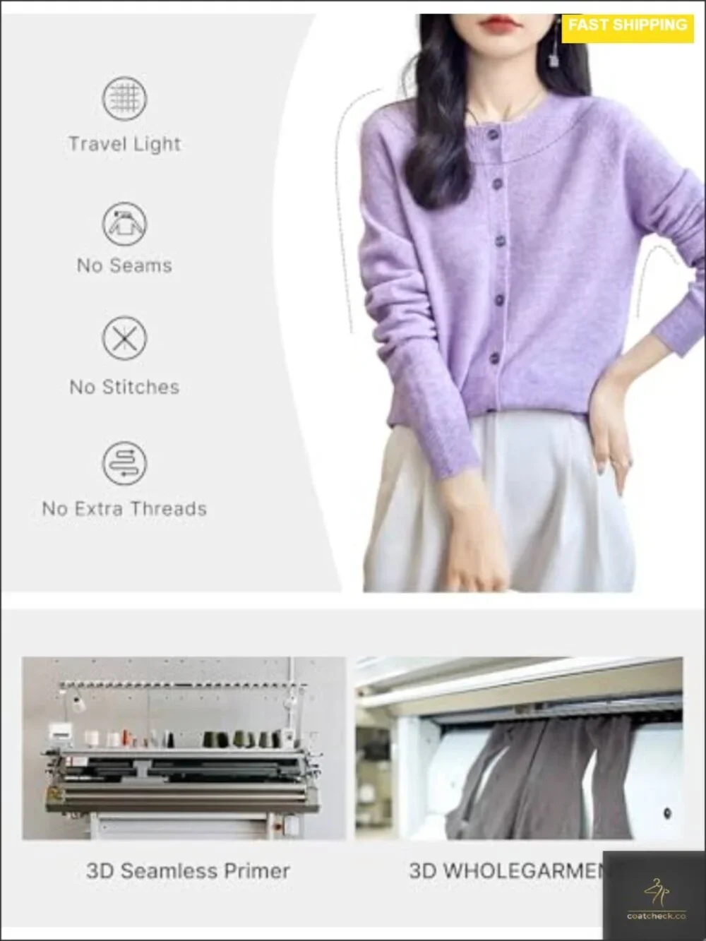100% Merino Wool Crewneck Cardigan Sweater Long Sleeve Seamless Knit